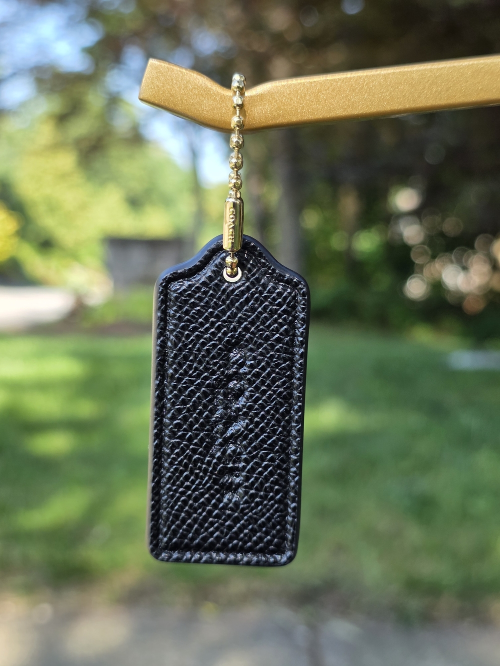 Coach Black Pebbled Leather Hangtag with Gold Ball Chain
